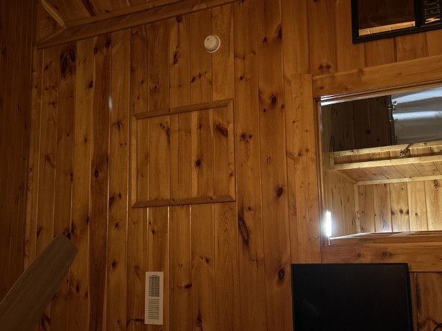 A small wooden door about 10 feet above the ground in an inaccessible place.